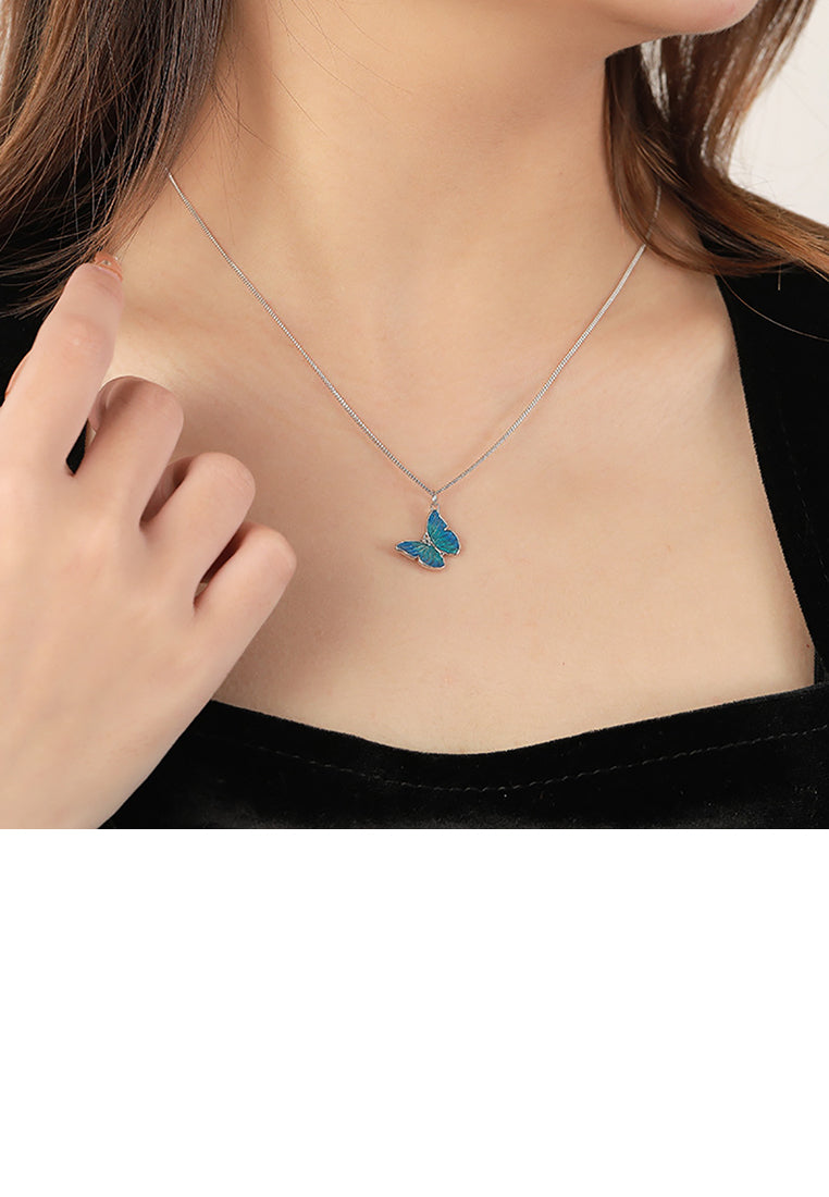 925 Sterling Silver Fashion Simple Enamel Blue Butterfly Pendant with Necklace