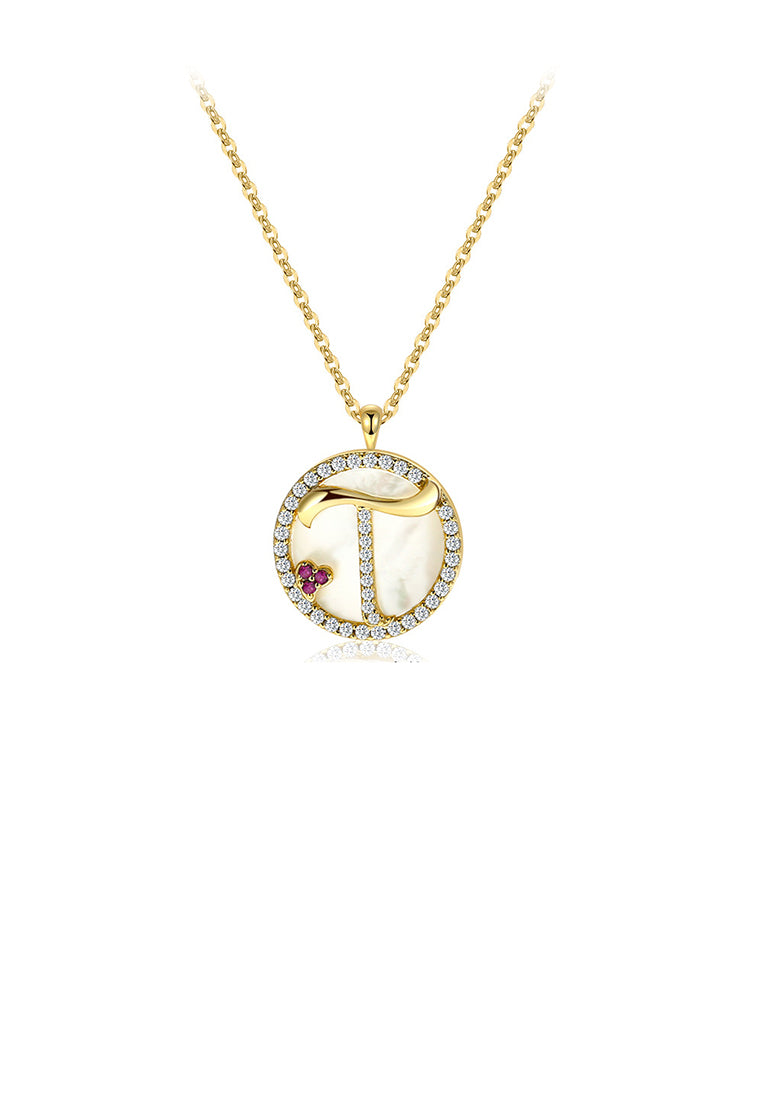 925 Sterling Silver Plated Gold Fashion Alphabet T Geometric Round Mother-of-pearl Pendant with Cubic Zirconia and Necklace - Luxurious Look
