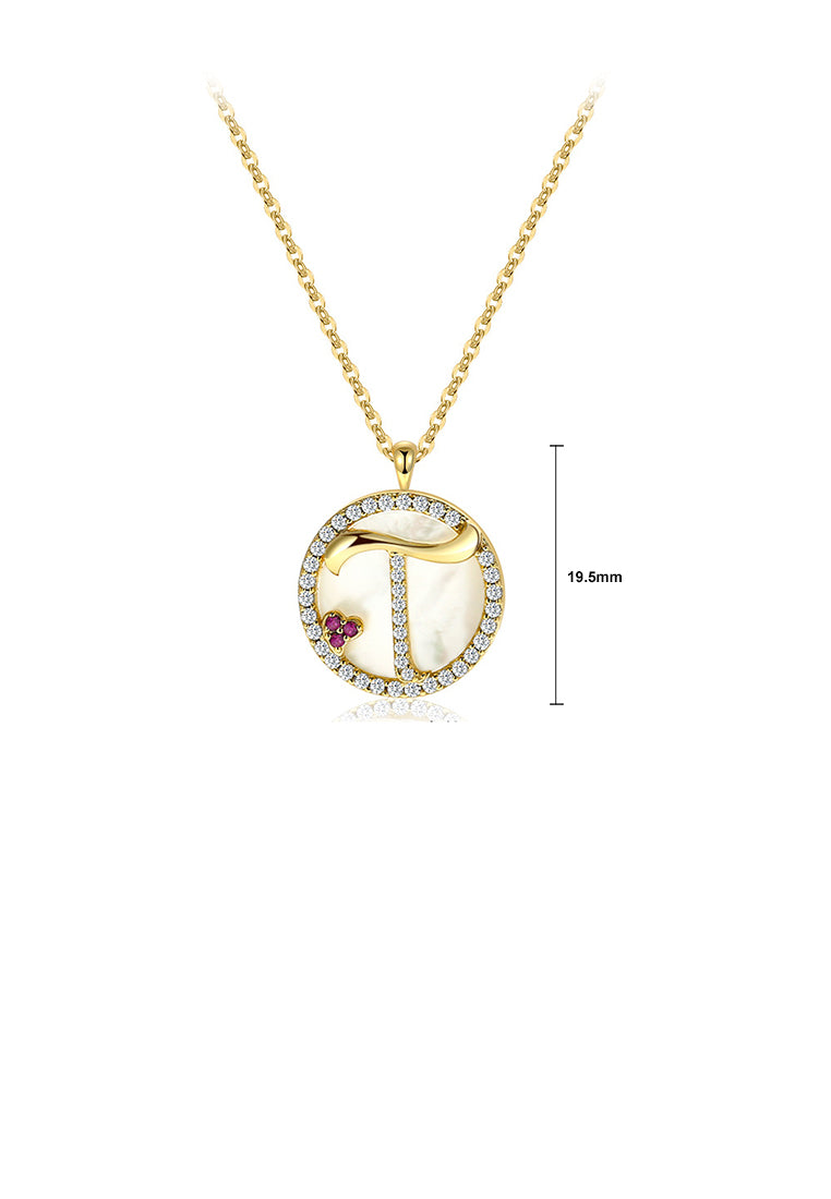 925 Sterling Silver Plated Gold Fashion Alphabet T Geometric Round Mother-of-pearl Pendant with Cubic Zirconia and Necklace - Luxurious Look
