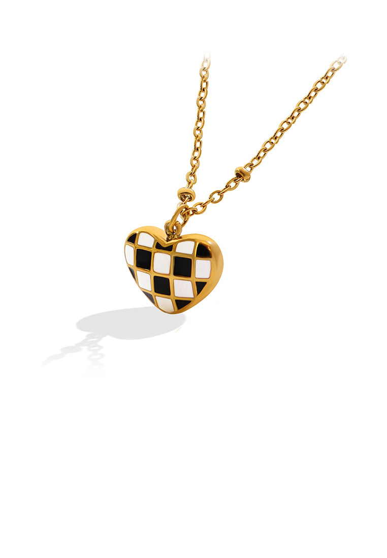 Fashion Temperament Plated Gold 316L Stainless Steel Black and White Checkerboard Heart Pendant with Necklace