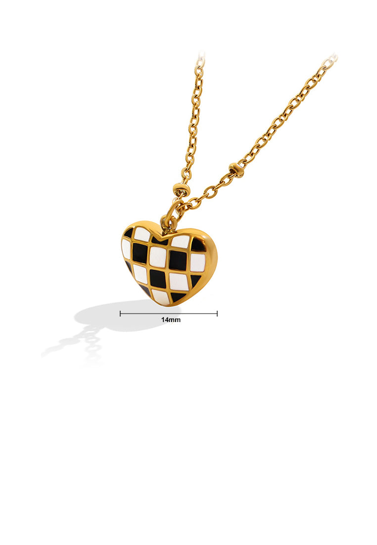 Fashion Temperament Plated Gold 316L Stainless Steel Black and White Checkerboard Heart Pendant with Necklace