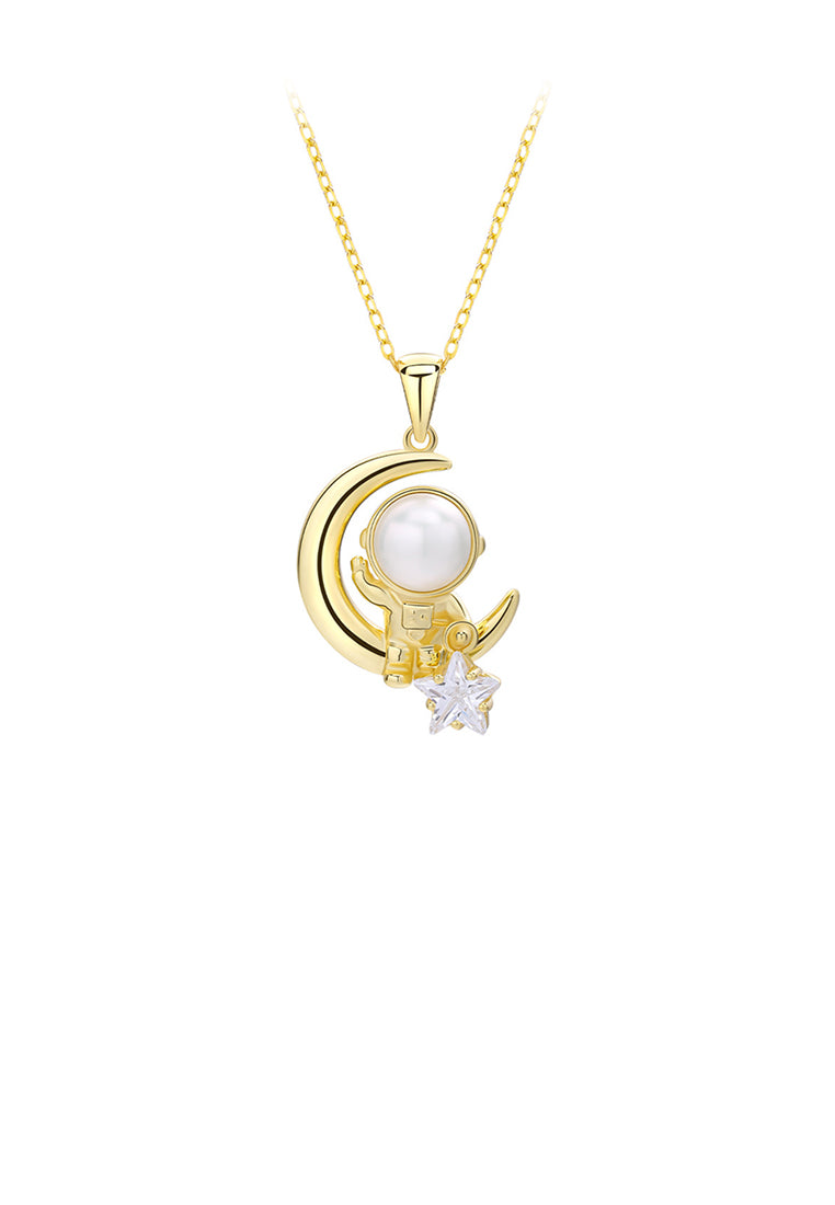 925 Sterling Silver Plated Gold Fashion Creative Moon Star Astronaut Freshwater Pearl Pendant with Cubic Zirconia and Necklace - Luxurious Look