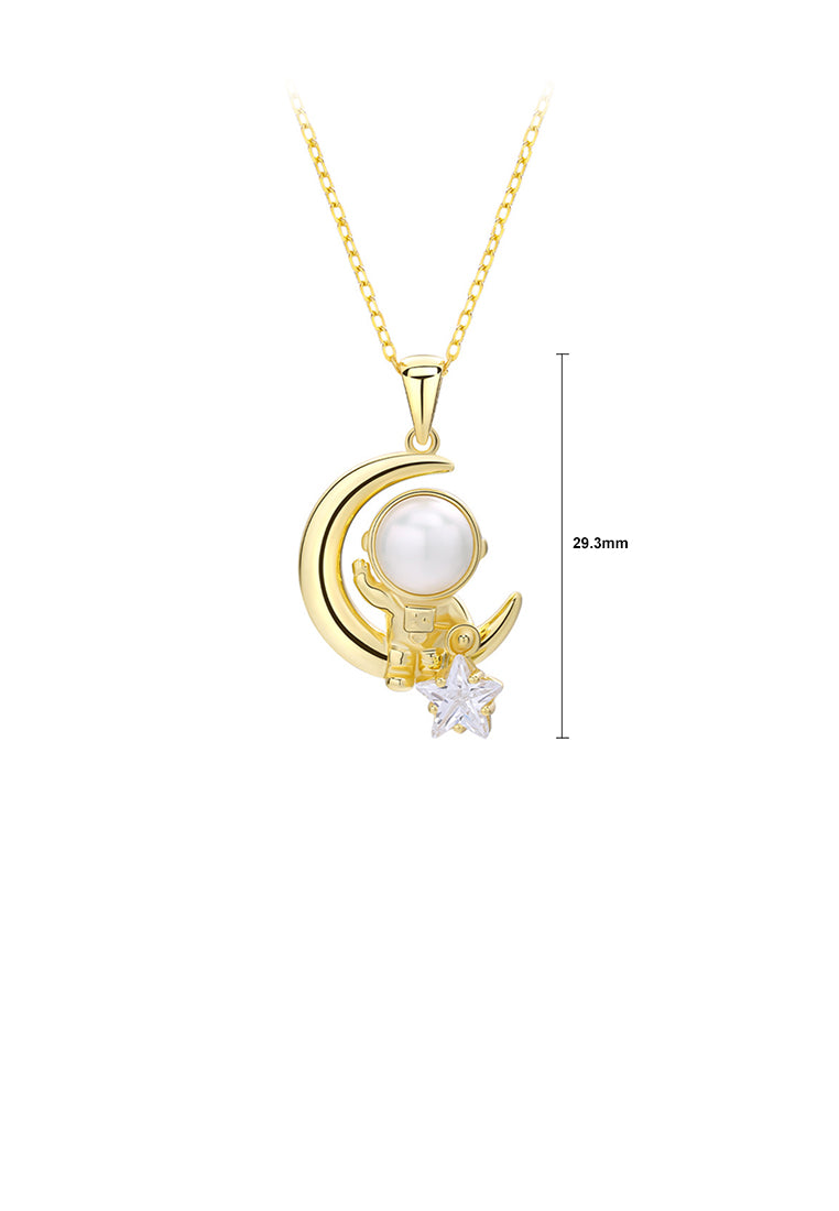 925 Sterling Silver Plated Gold Fashion Creative Moon Star Astronaut Freshwater Pearl Pendant with Cubic Zirconia and Necklace - Luxurious Look