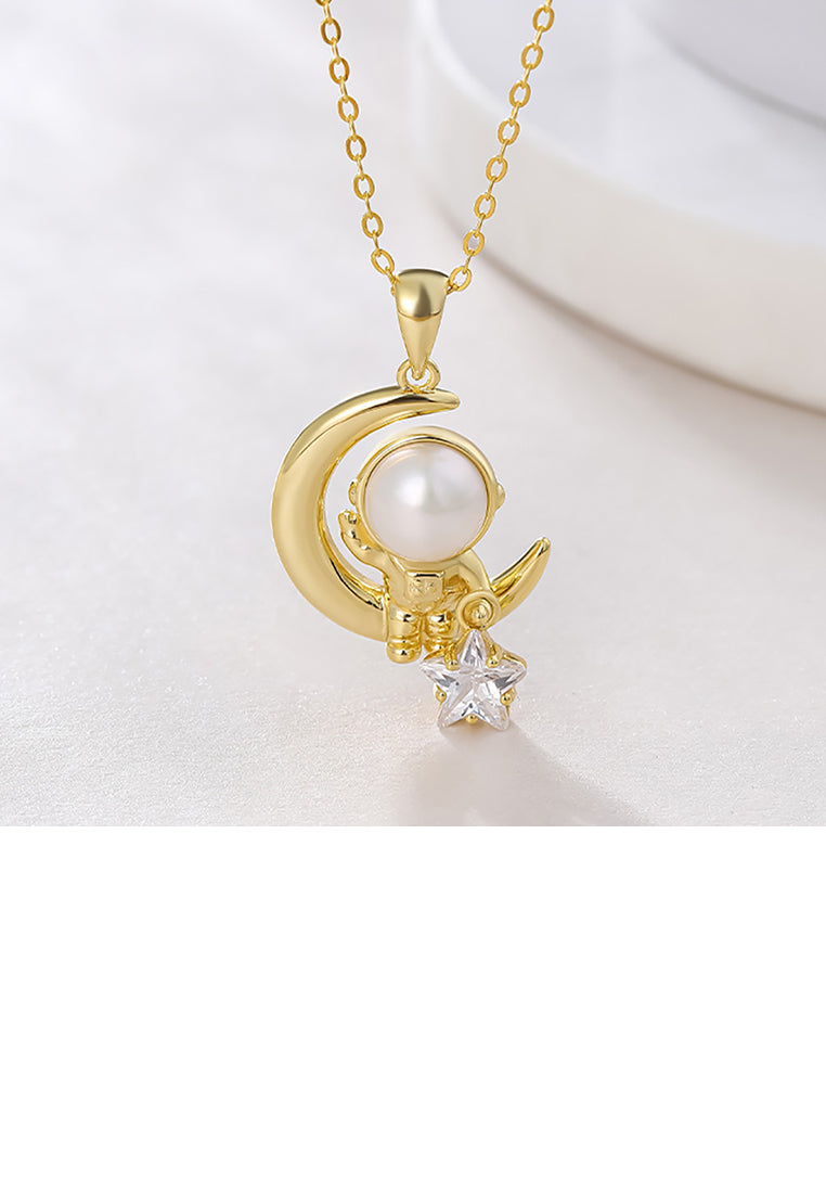 925 Sterling Silver Plated Gold Fashion Creative Moon Star Astronaut Freshwater Pearl Pendant with Cubic Zirconia and Necklace - Luxurious Look