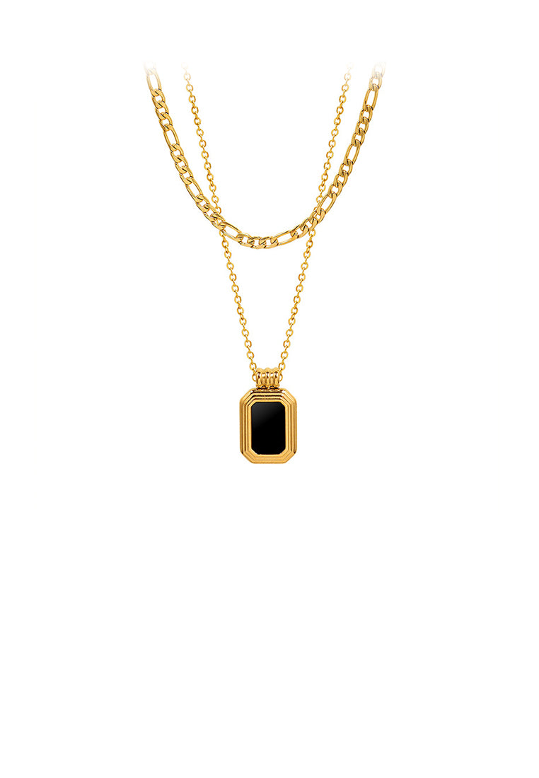 Fashion Simple Plated Gold 316L Stainless Steel Geometric Square Black Shell Pendant with Double Layer Necklace
