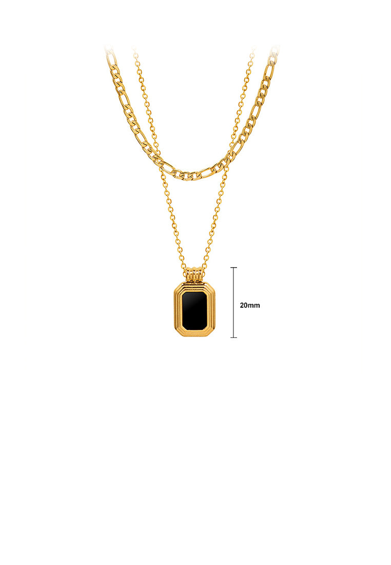 Fashion Simple Plated Gold 316L Stainless Steel Geometric Square Black Shell Pendant with Double Layer Necklace