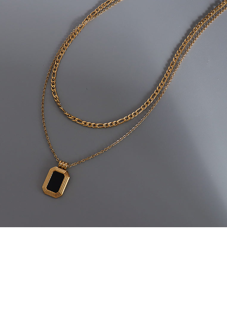 Fashion Simple Plated Gold 316L Stainless Steel Geometric Square Black Shell Pendant with Double Layer Necklace