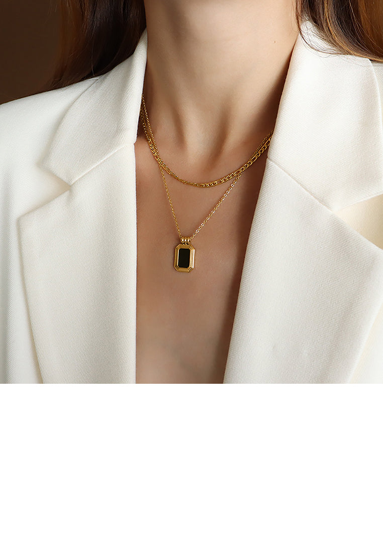 Fashion Simple Plated Gold 316L Stainless Steel Geometric Square Black Shell Pendant with Double Layer Necklace