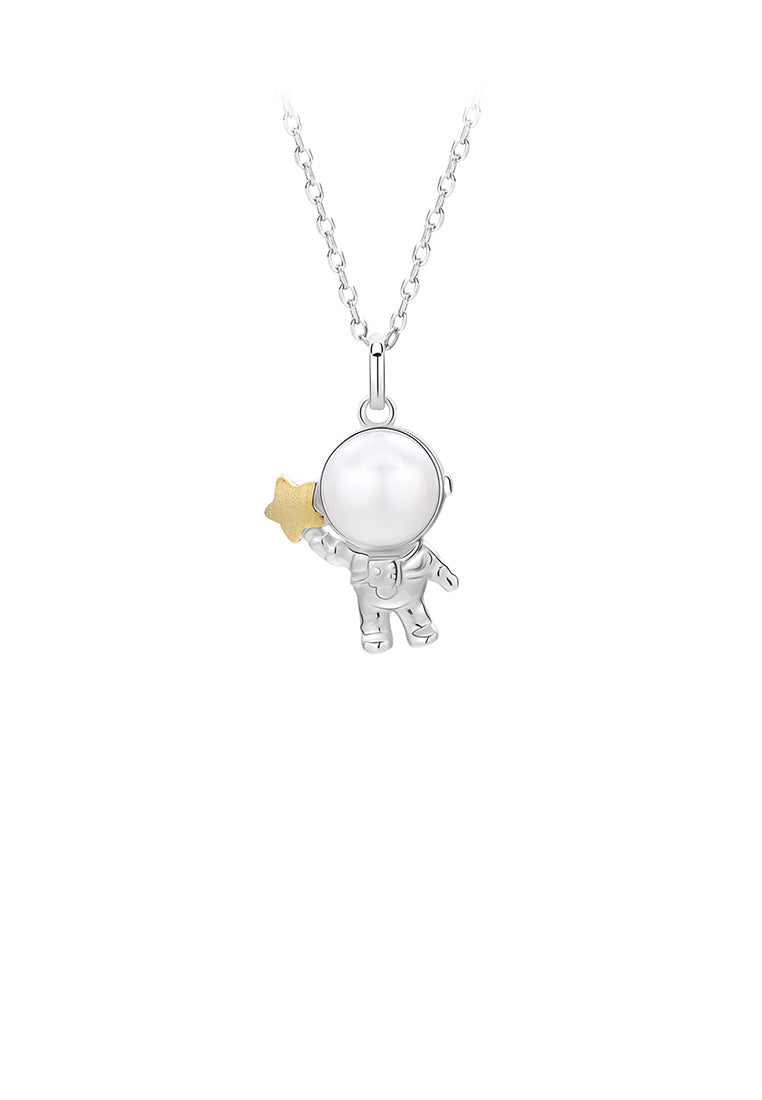925 Sterling Silver Fashion Cute Astronaut Gold Star Pendant with Freshwater Pearl and Necklace - Luxurious Look