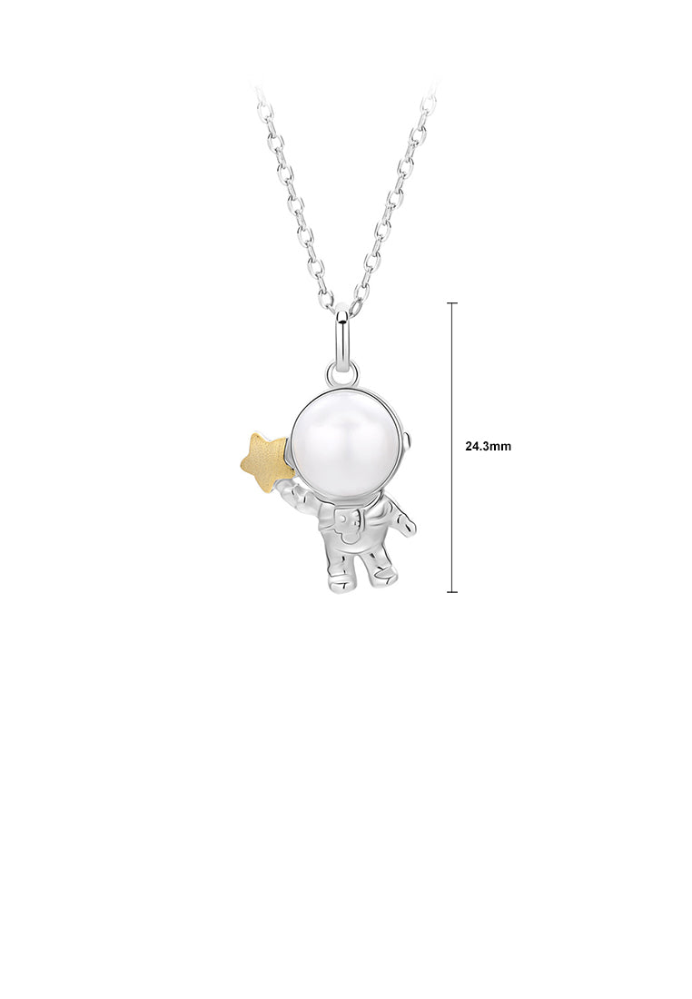 925 Sterling Silver Fashion Cute Astronaut Gold Star Pendant with Freshwater Pearl and Necklace - Luxurious Look