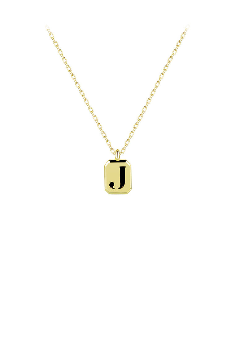 925 Sterling Silver Plated Gold Simple Fashion Geometric Square Alphabet J Pendant with Black agate and Necklace