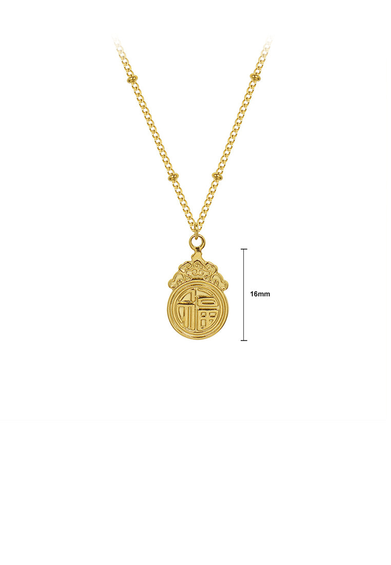 Fashion Vintage Plated Gold 316L Stainless Steel Blessing Pattern Geometric Pendant with Necklace