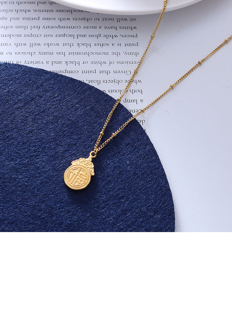 Fashion Vintage Plated Gold 316L Stainless Steel Blessing Pattern Geometric Pendant with Necklace