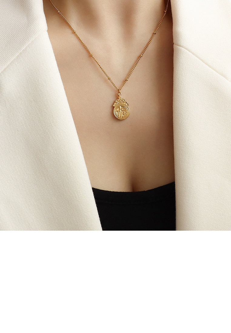 Fashion Vintage Plated Gold 316L Stainless Steel Blessing Pattern Geometric Pendant with Necklace