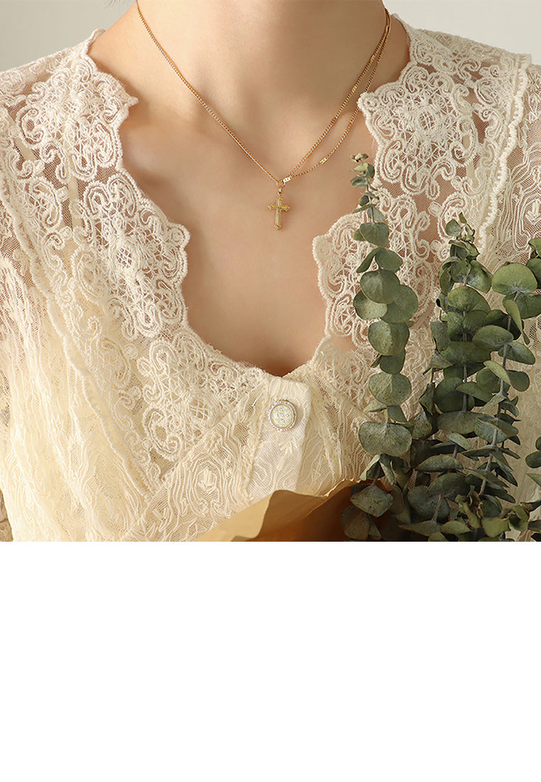 Fashion Simple Plated Gold 316L Stainless Steel Cross Pendant with Necklace