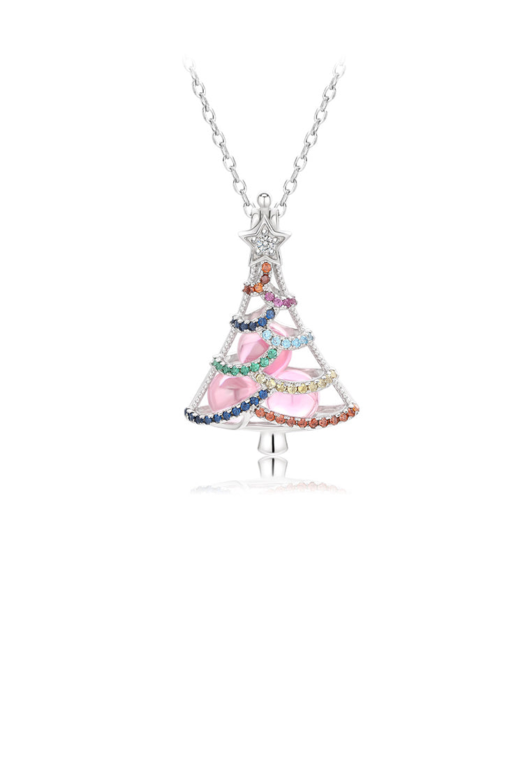 925 Sterling Silver Fashion Bright Color Christmas Tree Round Bead Pendant with Cubic Zirconia and Necklace - Luxurious Look
