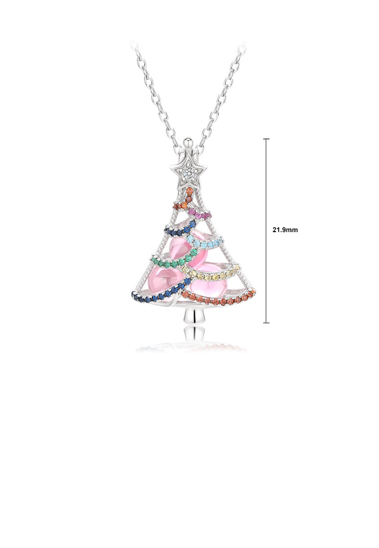 925 Sterling Silver Fashion Bright Color Christmas Tree Round Bead Pendant with Cubic Zirconia and Necklace - Luxurious Look