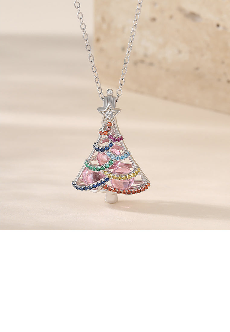 925 Sterling Silver Fashion Bright Color Christmas Tree Round Bead Pendant with Cubic Zirconia and Necklace - Luxurious Look