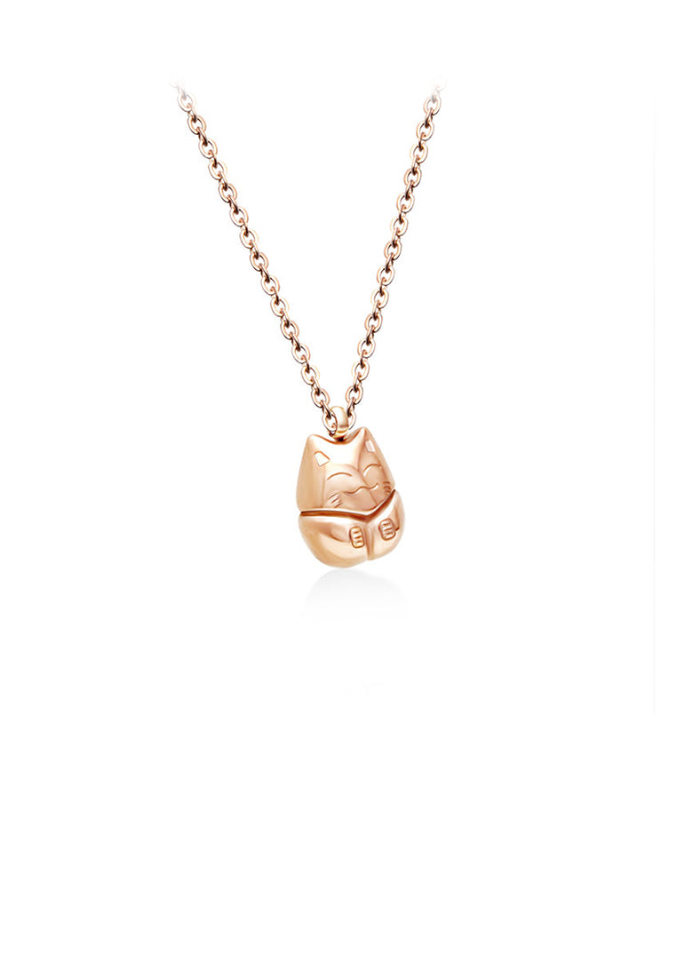 Simple and Cute Plated Rose Gold 316L Stainless Steel Lucky Cat Pendant with Necklace