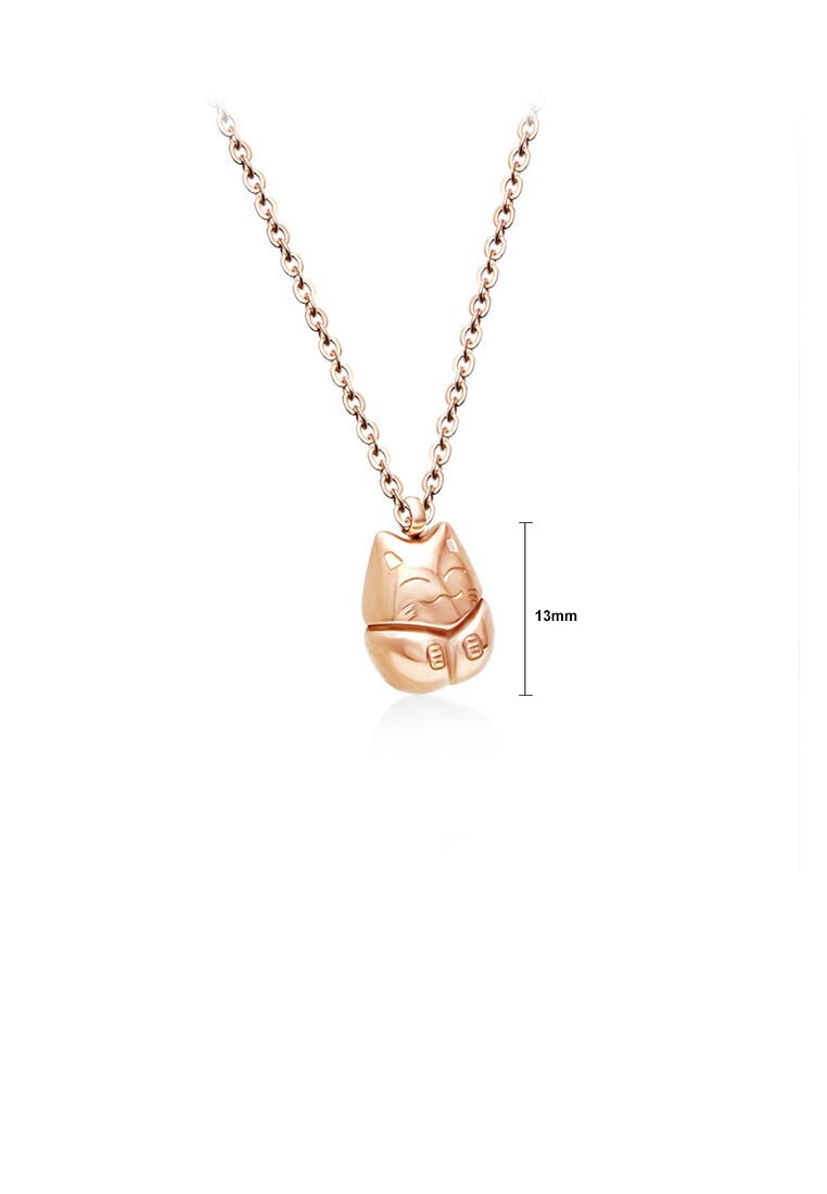 Simple and Cute Plated Rose Gold 316L Stainless Steel Lucky Cat Pendant with Necklace