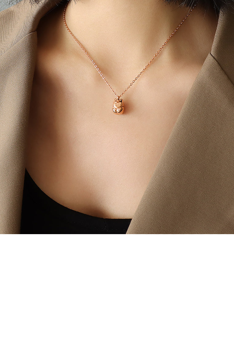 Simple and Cute Plated Rose Gold 316L Stainless Steel Lucky Cat Pendant with Necklace