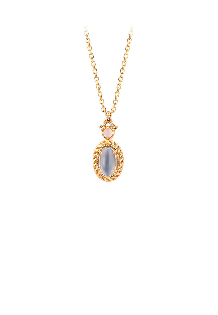 925 Sterling Silver Plated Gold Fashion and Elegant Geometric Oval Pendant with Blue Cubic Zirconia and Necklace - Luxurious Look