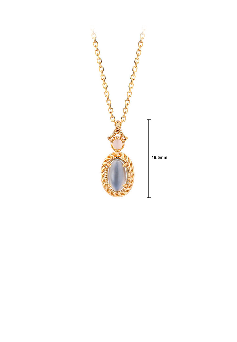 925 Sterling Silver Plated Gold Fashion and Elegant Geometric Oval Pendant with Blue Cubic Zirconia and Necklace - Luxurious Look