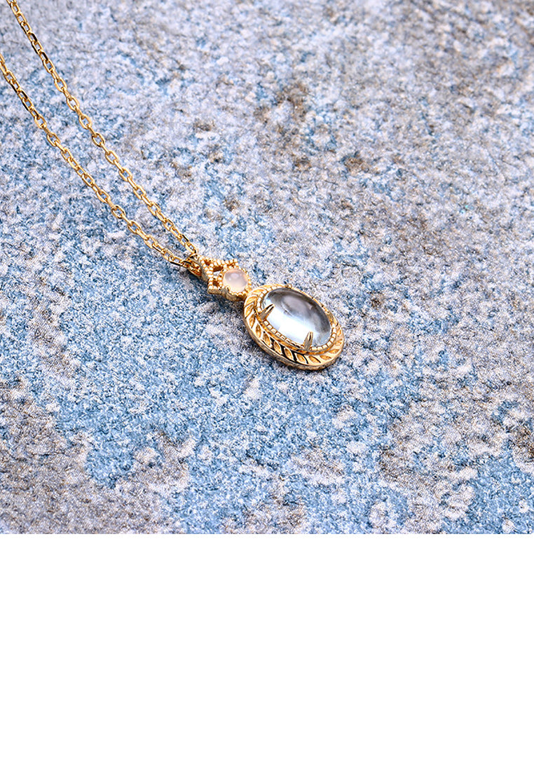 925 Sterling Silver Plated Gold Fashion and Elegant Geometric Oval Pendant with Blue Cubic Zirconia and Necklace - Luxurious Look