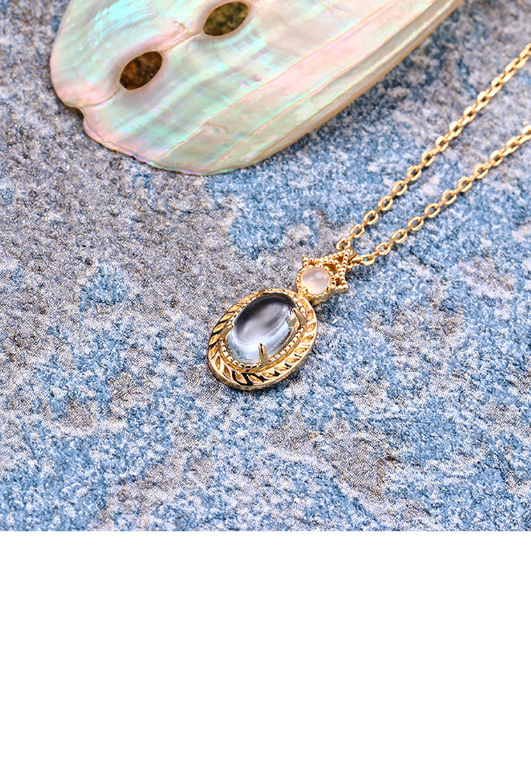 925 Sterling Silver Plated Gold Fashion and Elegant Geometric Oval Pendant with Blue Cubic Zirconia and Necklace - Luxurious Look