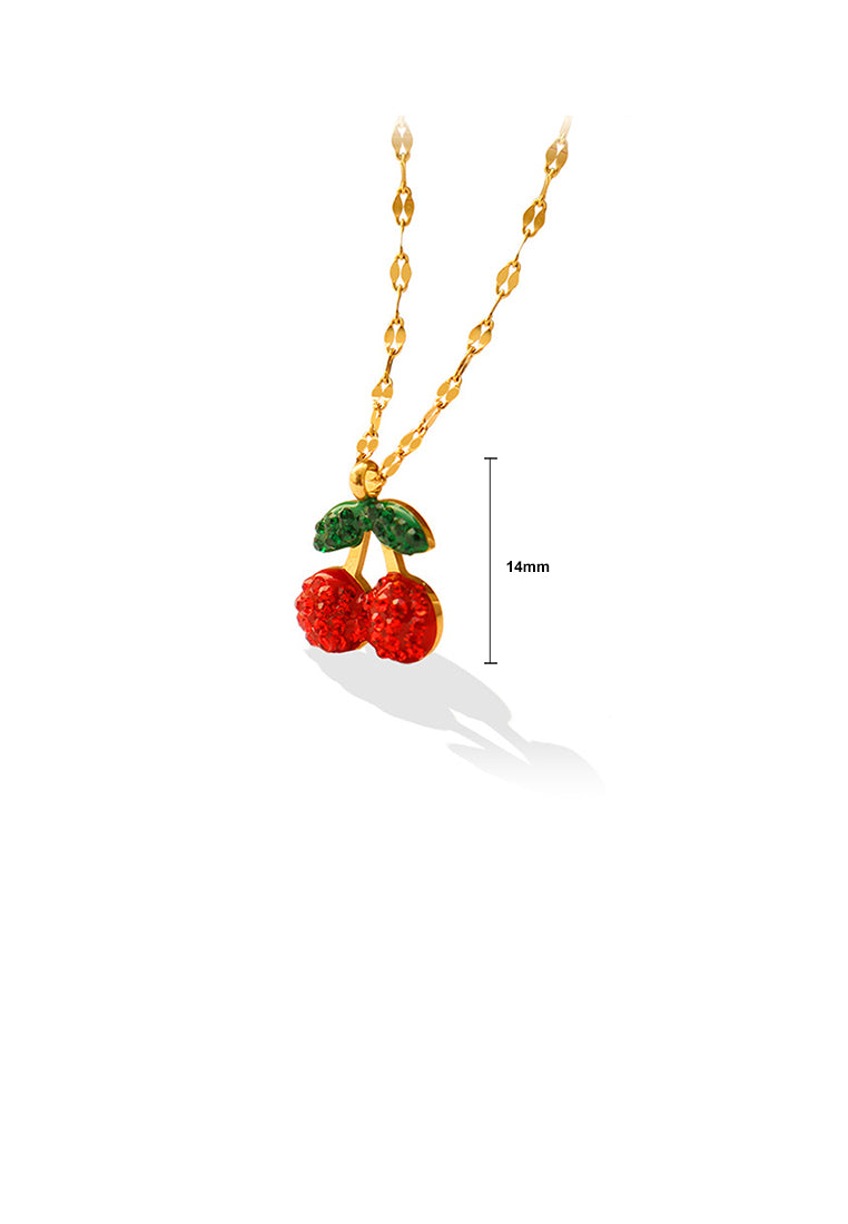 Sweet and Lovely Plated Gold 316L Stainless Steel Cherry Pendant with Cubic Zirconia and Necklace - Luxurious Look