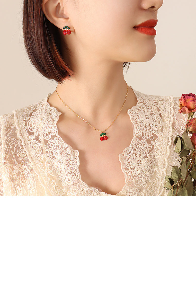 Sweet and Lovely Plated Gold 316L Stainless Steel Cherry Pendant with Cubic Zirconia and Necklace - Luxurious Look