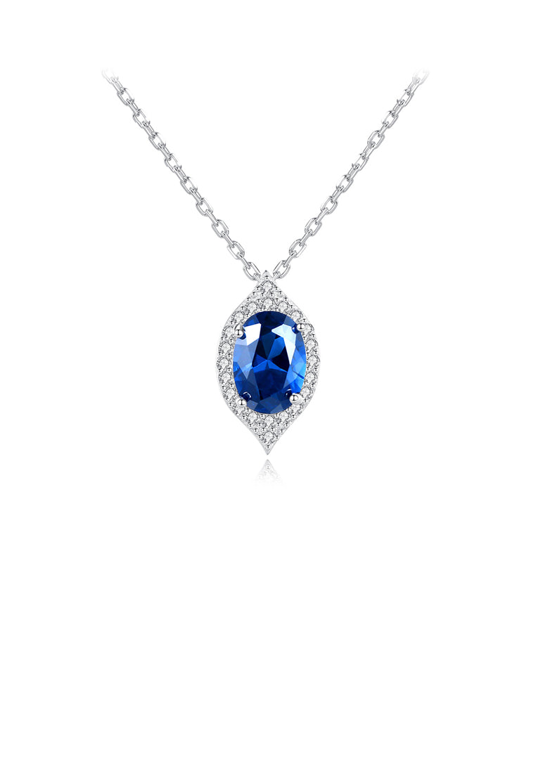 925 Sterling Silver Simple and Elegant Geometric Water Drop Shape Pendant with Blue Cubic Zirconia and Necklace - Luxurious Look