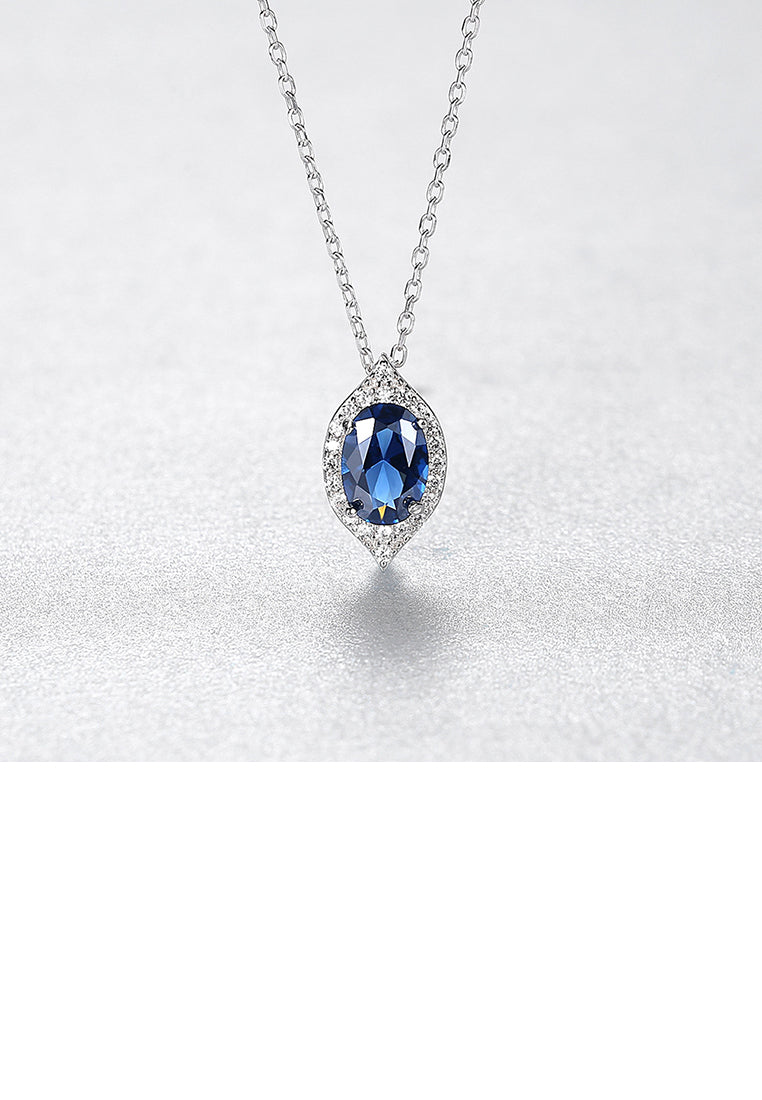 925 Sterling Silver Simple and Elegant Geometric Water Drop Shape Pendant with Blue Cubic Zirconia and Necklace - Luxurious Look
