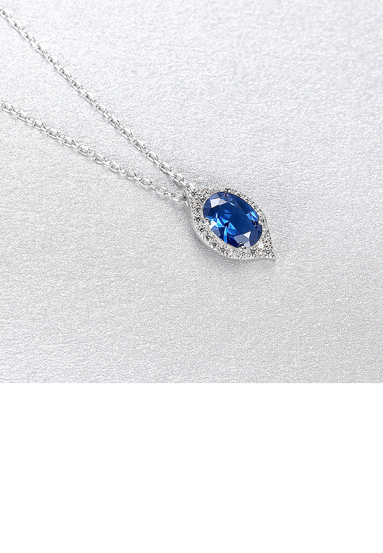 925 Sterling Silver Simple and Elegant Geometric Water Drop Shape Pendant with Blue Cubic Zirconia and Necklace - Luxurious Look