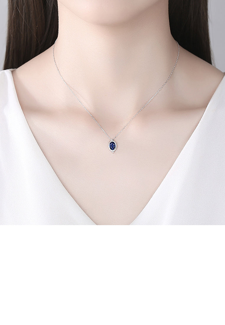 925 Sterling Silver Simple and Elegant Geometric Water Drop Shape Pendant with Blue Cubic Zirconia and Necklace - Luxurious Look