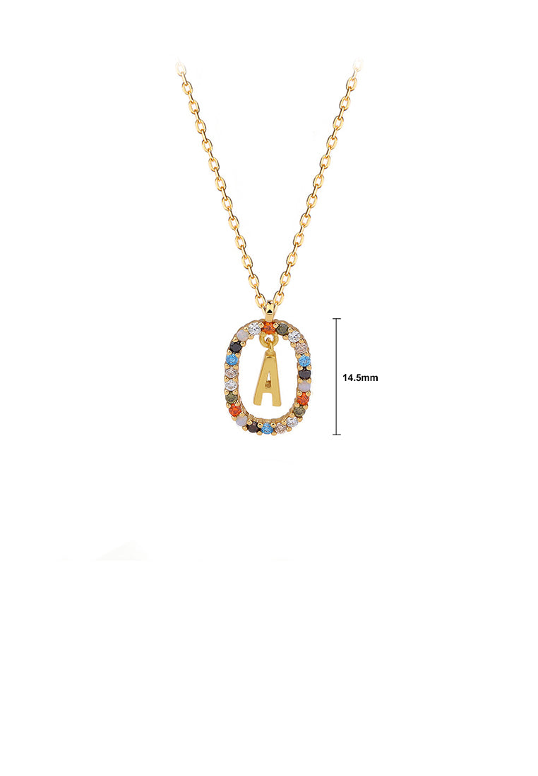 925 Sterling Silver Plated Gold Fashion Personality Alphabet A Hollow Geometric Oval Pendant with Colorful Cubic Zirconia and Necklace - Luxurious Look