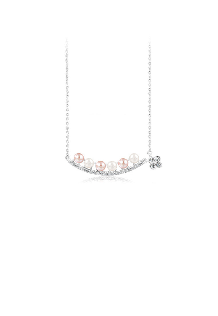 925 Sterling Silver Fashion Simple Flower Geometric Curved Freshwater Pearl Pendant with Cubic Zirconia and Necklace - Luxurious Look