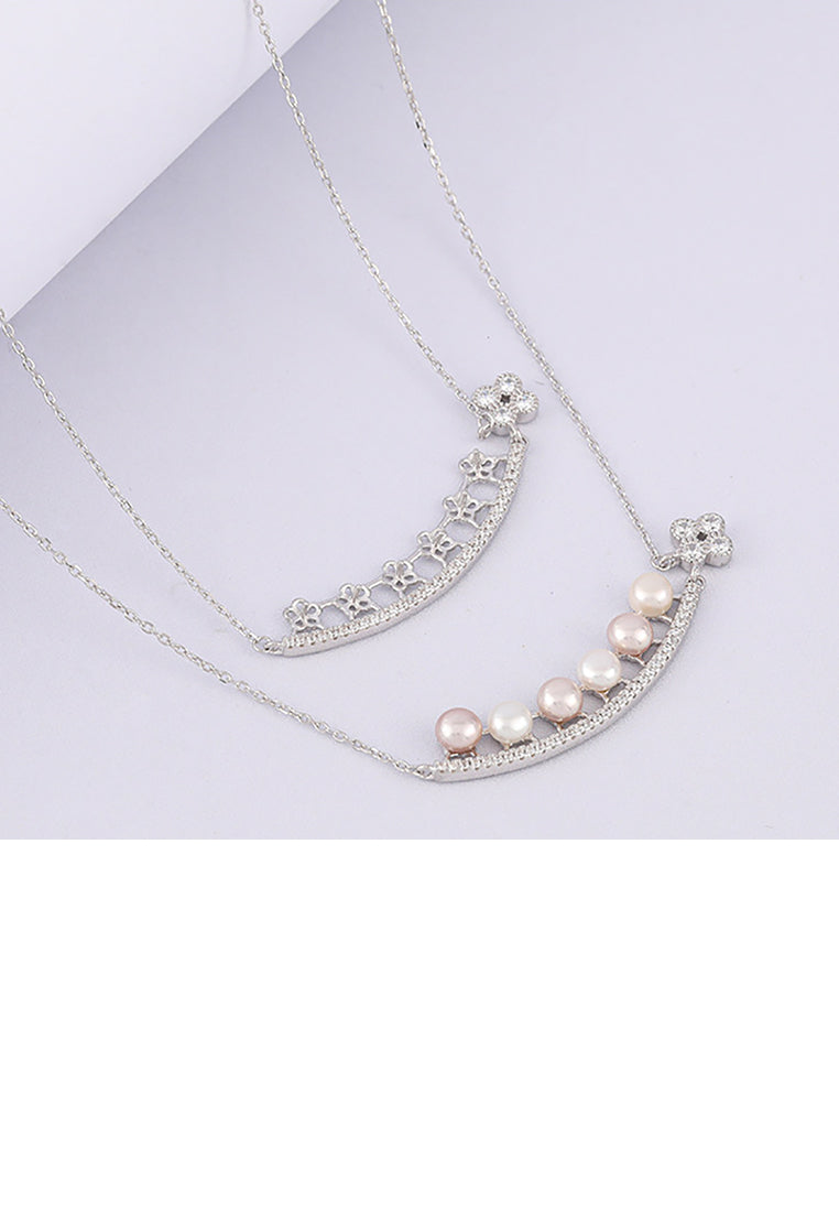 925 Sterling Silver Fashion Simple Flower Geometric Curved Freshwater Pearl Pendant with Cubic Zirconia and Necklace - Luxurious Look