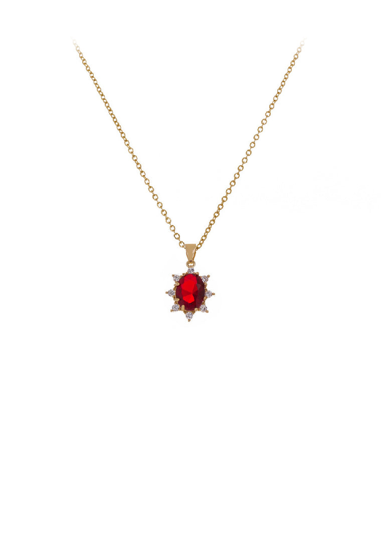 Simple and Elegant Plated Gold Sunflower Geometric Pendant with Red Cubic Zirconia and Necklace - Luxurious Look - Vibrant Color