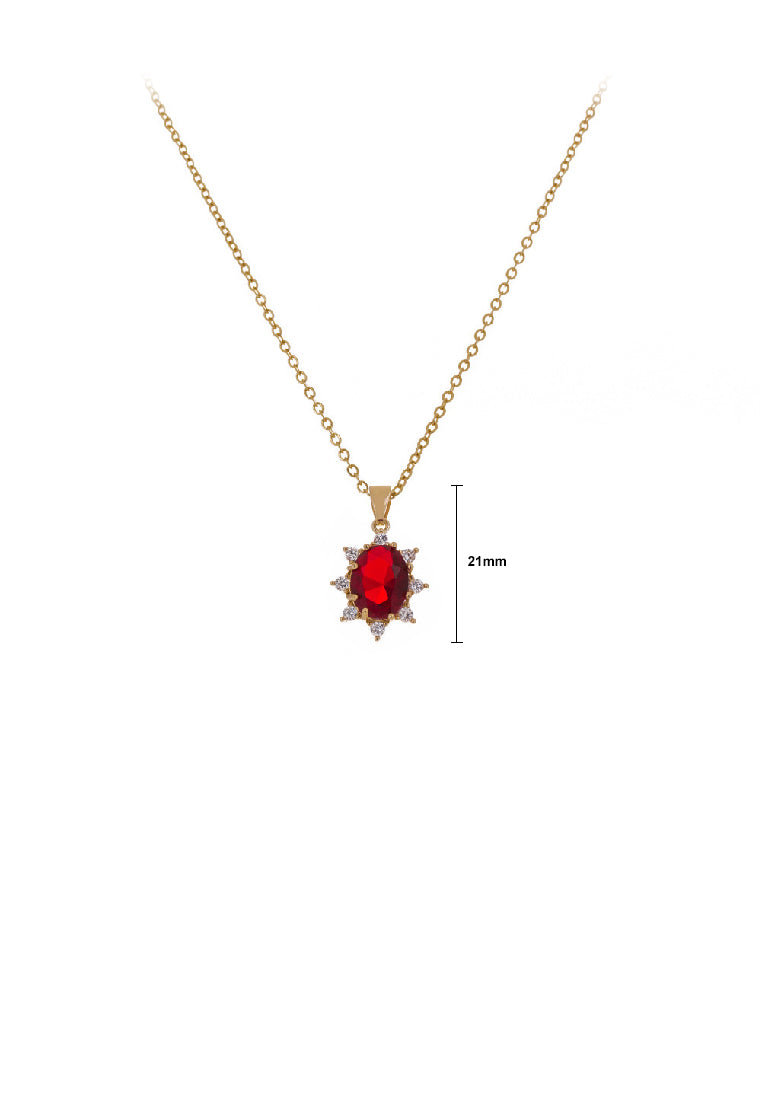 Simple and Elegant Plated Gold Sunflower Geometric Pendant with Red Cubic Zirconia and Necklace - Luxurious Look - Vibrant Color
