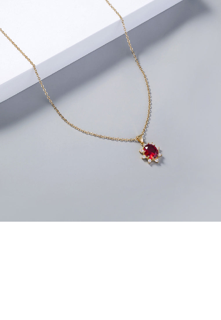 Simple and Elegant Plated Gold Sunflower Geometric Pendant with Red Cubic Zirconia and Necklace - Luxurious Look - Vibrant Color