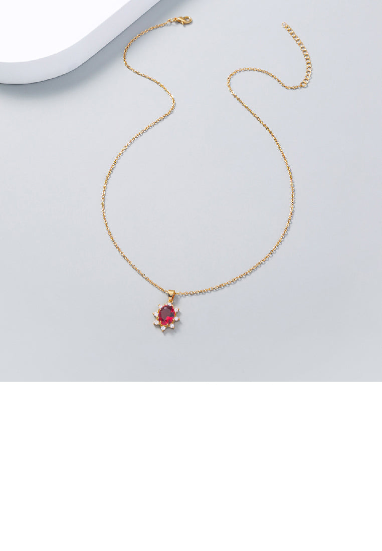 Simple and Elegant Plated Gold Sunflower Geometric Pendant with Red Cubic Zirconia and Necklace - Luxurious Look - Vibrant Color