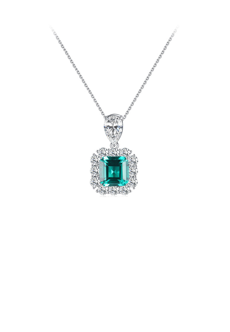 925 Sterling Silver Fashion Temperament Geometric Square Pendant with Green Cubic Zirconia and Necklace - Luxurious Look