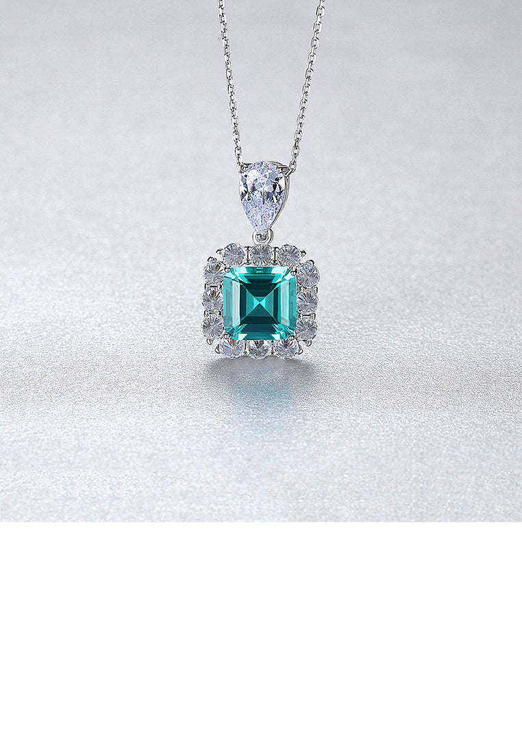 925 Sterling Silver Fashion Temperament Geometric Square Pendant with Green Cubic Zirconia and Necklace - Luxurious Look
