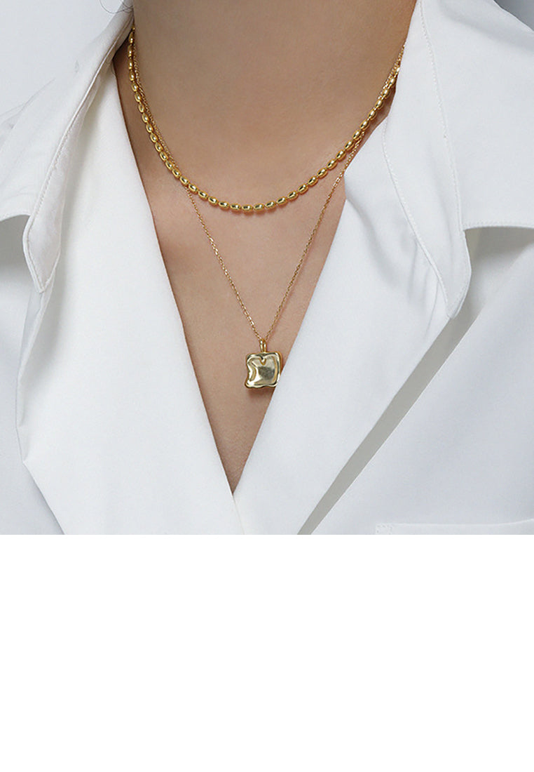 925 Sterling Silver Plated Gold Simple Fashion Irregular Geometric Square Pendant with Necklace