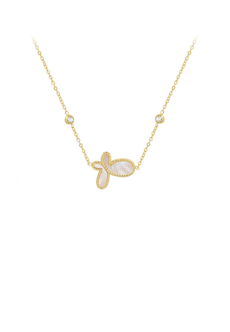 Fashion Elegant Plated Gold 316L Stainless Steel Butterfly Shell Pendant with Cubic Zirconia and Necklace - Luxurious Look
