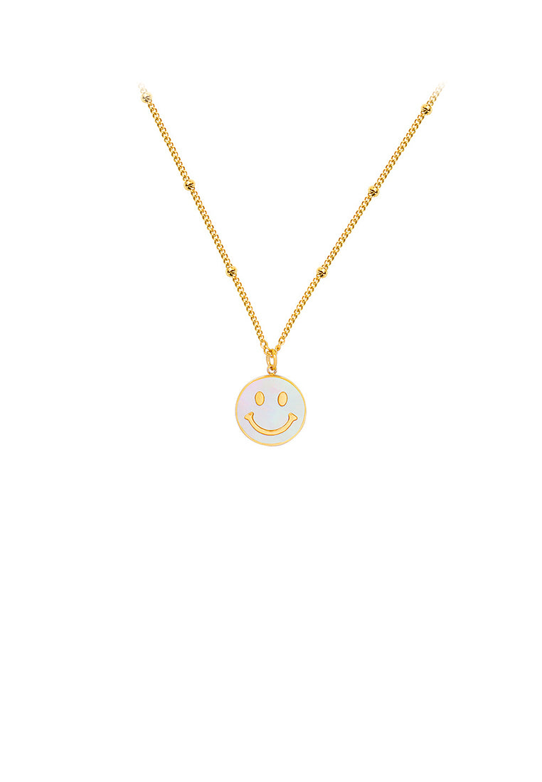 Fashion Cute Plated Gold 316L Stainless Steel Smiley Geometric Round Pendant with White Shell and Necklace