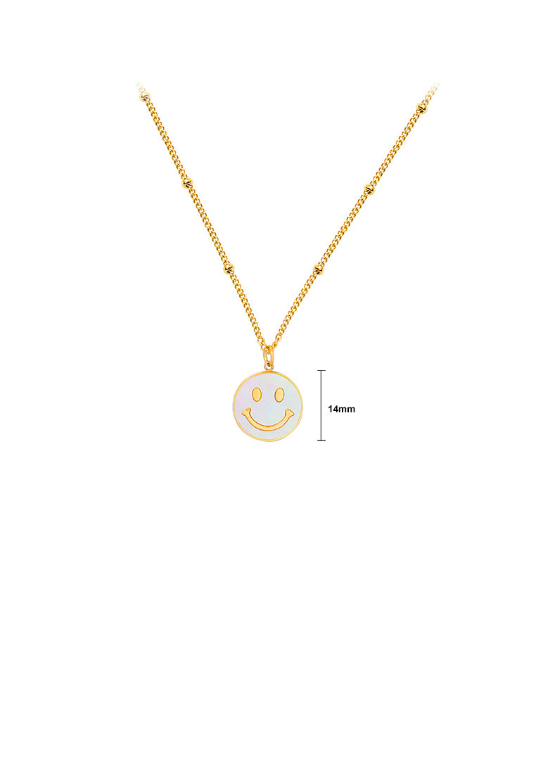 Fashion Cute Plated Gold 316L Stainless Steel Smiley Geometric Round Pendant with White Shell and Necklace