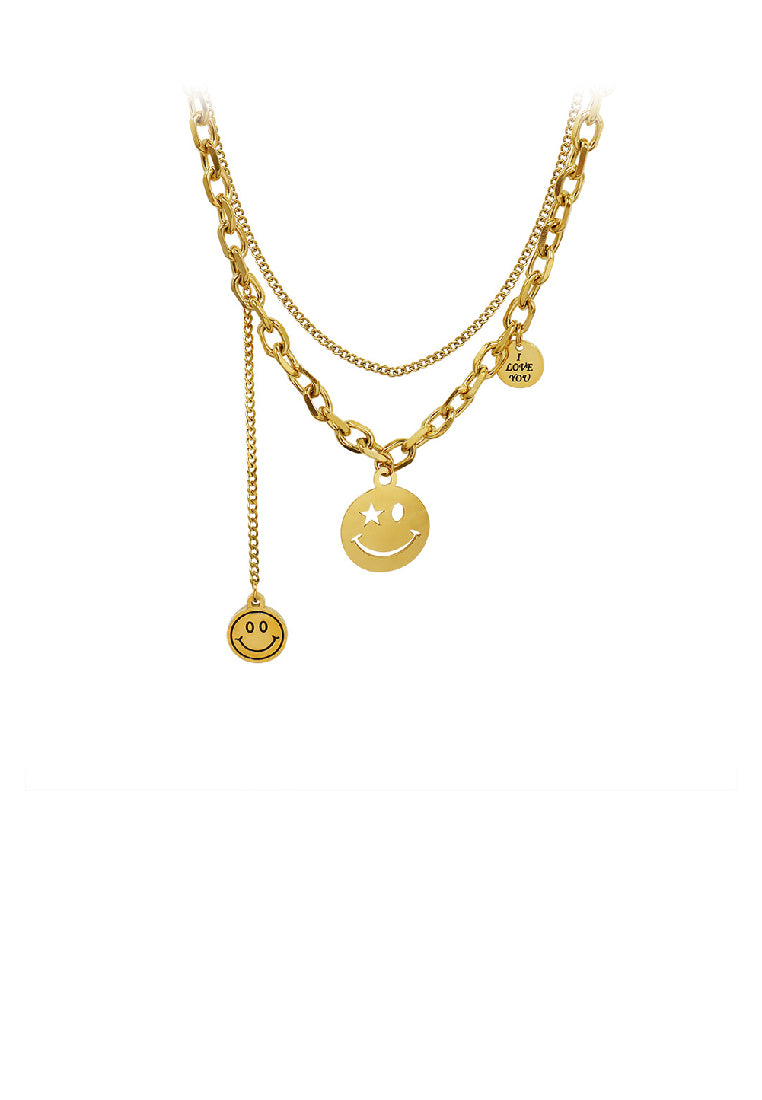 Fashion Temperament Plated Gold 316L Stainless Steel Smiley Geometric Round Tassel Pendant with Double Layer Necklace
