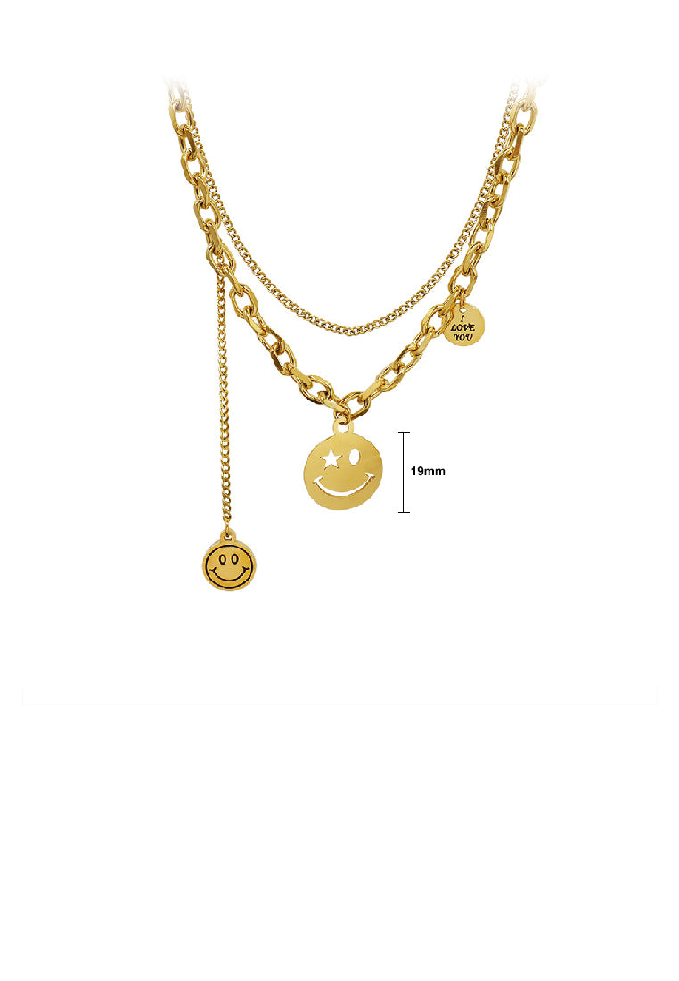 Fashion Temperament Plated Gold 316L Stainless Steel Smiley Geometric Round Tassel Pendant with Double Layer Necklace